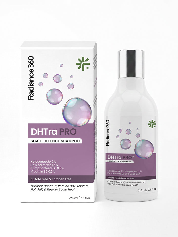 DHTra Pro Scalp Defence Shampoo with packaging on a white background