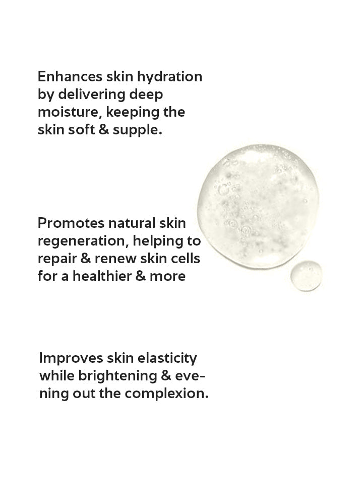 Text describing skincare benefits with a close-up of a skincare product on a white background