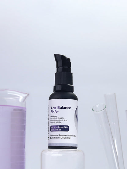 Acu-Balance BHA+ skincare serum bottle on a white background