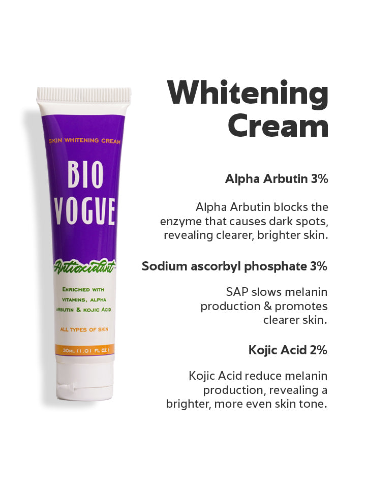 Bio Vogue Whitening Cream tube with ingredients listed on a white background