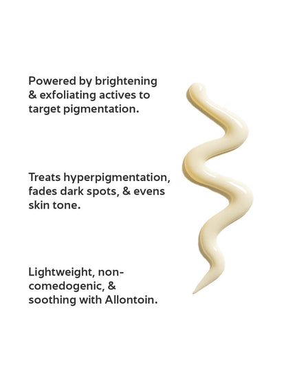 Product description with text about brightening and exfoliating actives on a white background
