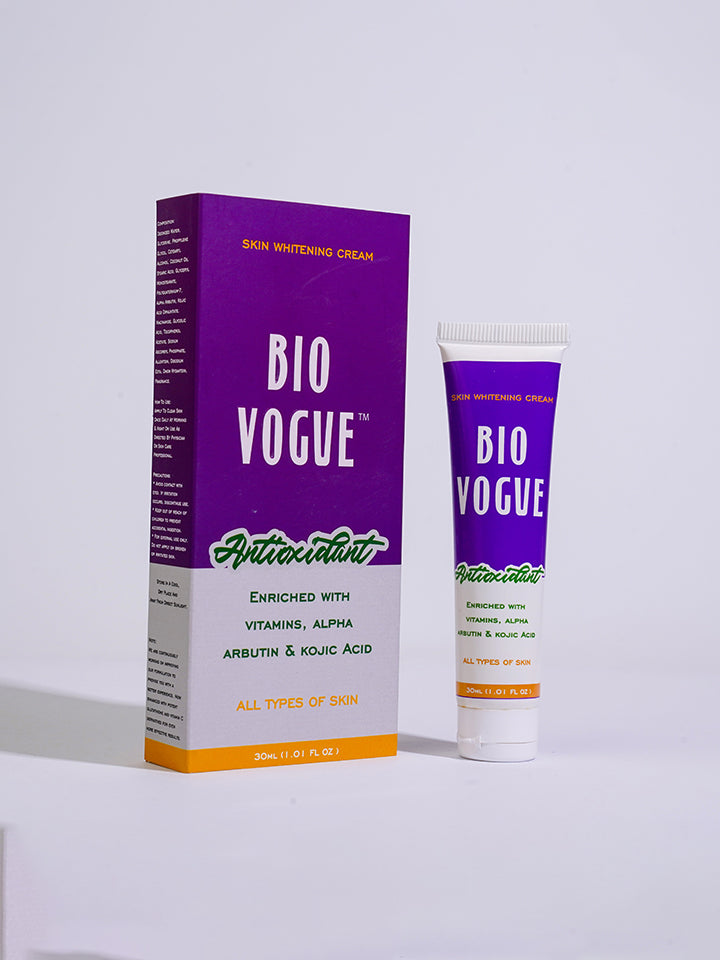 Bio Vogue skin whitening cream packaging and tube on a light gray background