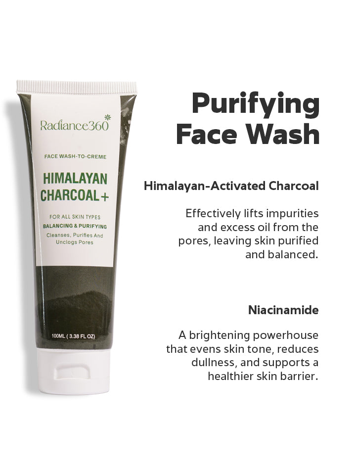 Radiance360 Himalayan Charcoal Face Wash tube with product details on a white background