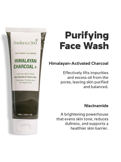 Radiance360 Himalayan Charcoal Face Wash tube with product details on a white background
