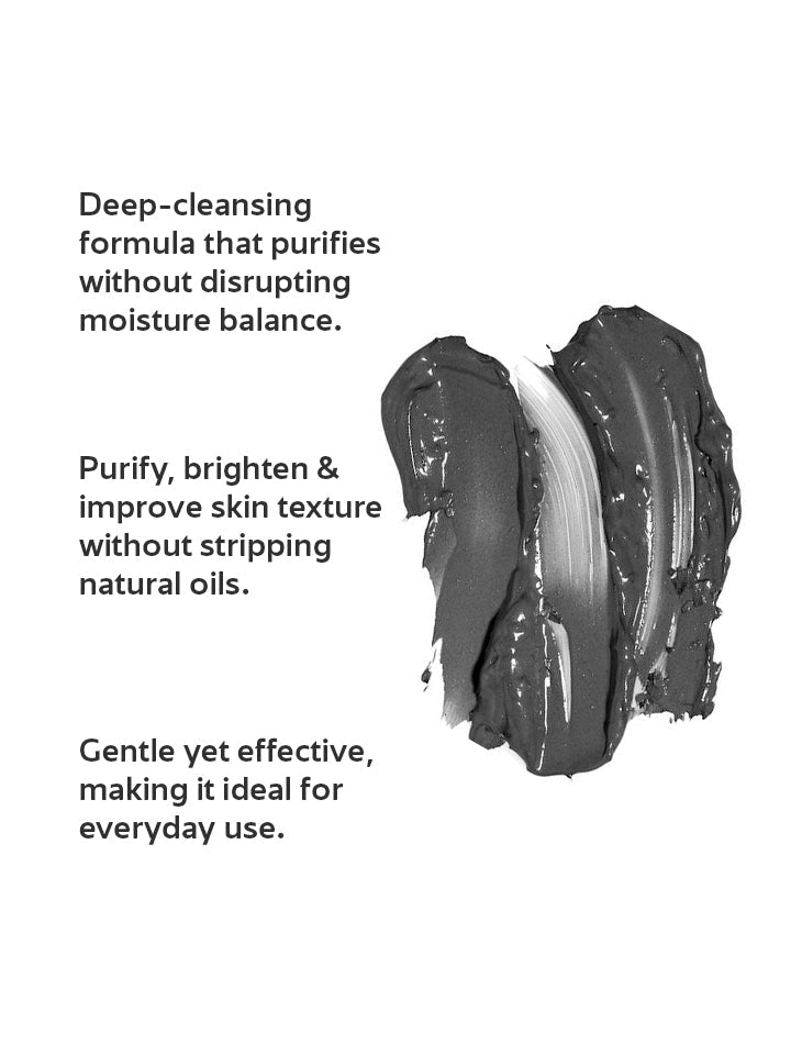 Text describing a deep-cleansing formula with black and white swatches on a white background
