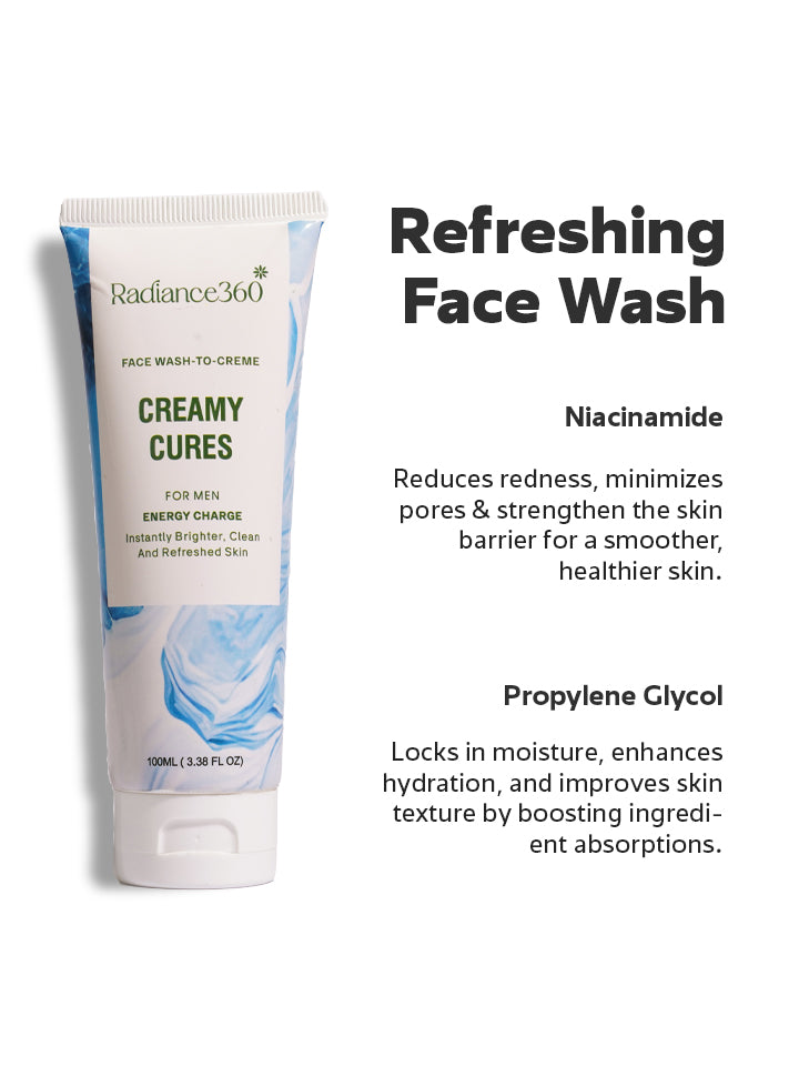 Radiance360 face wash tube with product details on a white background