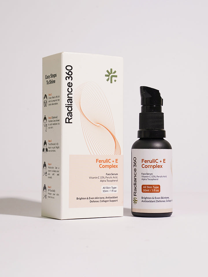 Radiance 360 Ferulic + E Complex serum bottle and packaging on a white background