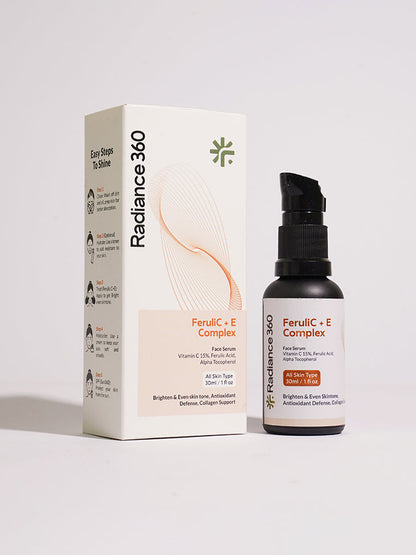 Radiance 360 Ferulic + E Complex serum bottle and packaging on a white background