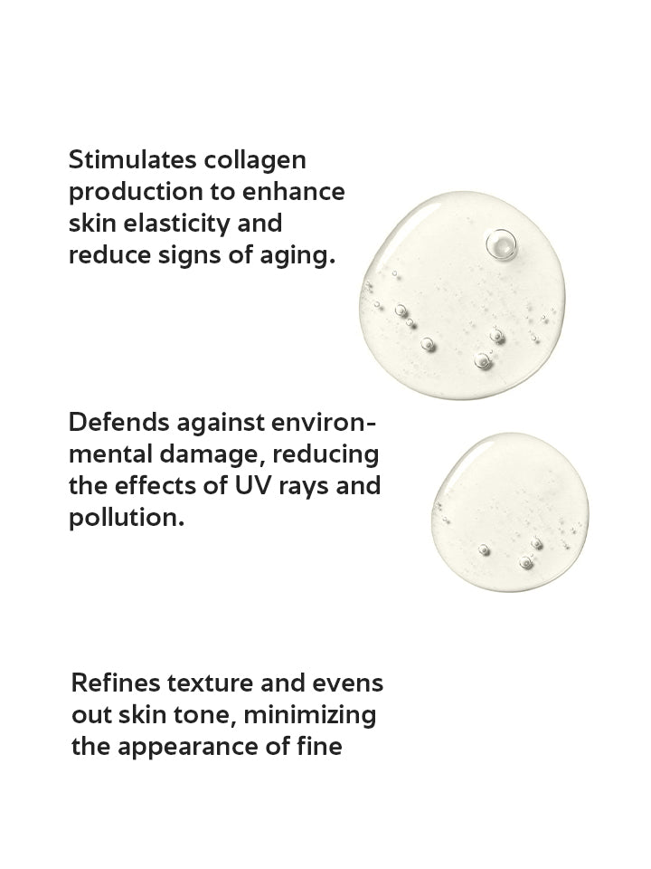 Cosmetic product with text describing its benefits on a white background