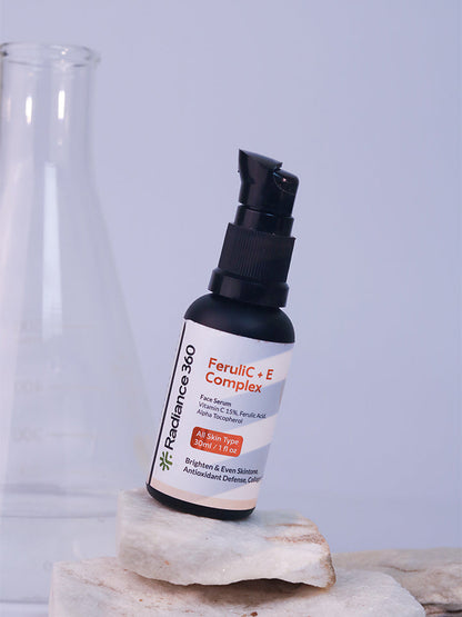 Skincare serum bottle labeled 'Radiance 360' on a neutral background