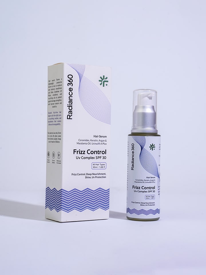 Radiance 360 Frizz Control product packaging and bottle on a light purple background
