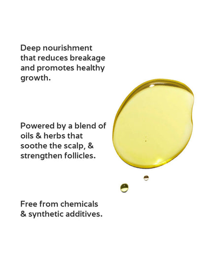 Yellow oil droplet with text about deep nourishment, breakage reduction, healthy growth, and natural ingredients on a white background.