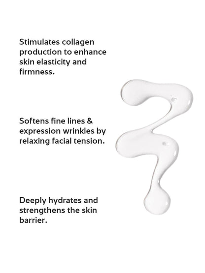 Text describing skincare benefits with a droplet of cream on a white background