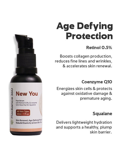 Skincare serum bottle with text detailing ingredients and benefits on a white background