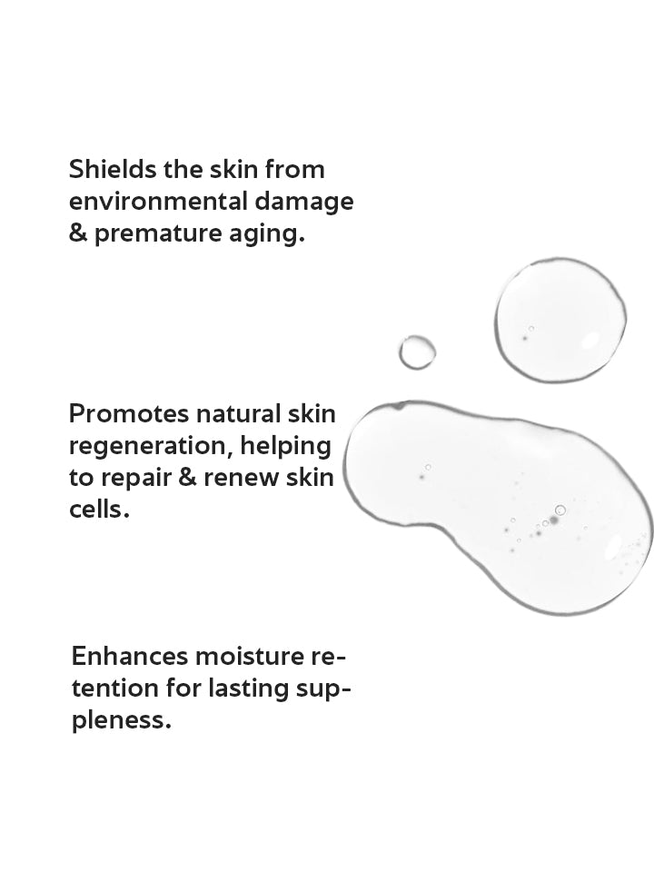 Text describing skincare benefits with a droplet graphic on a white background