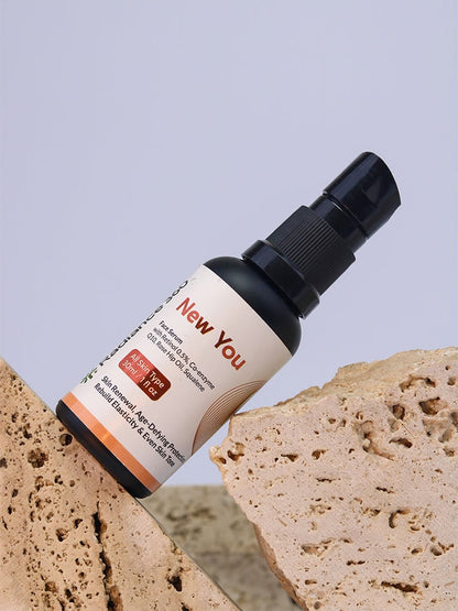 Skincare serum bottle labeled 'New You' with bread slices in the background
