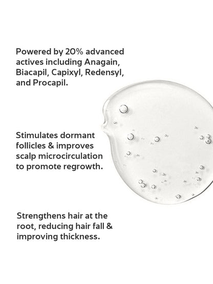 Text about hair regrowth product with a close-up of the product on a white background