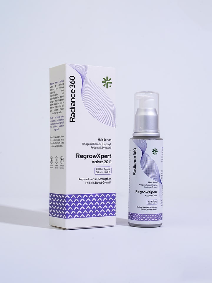 Radiance 360 RegrowXpert hair serum bottle and packaging on a light gray background