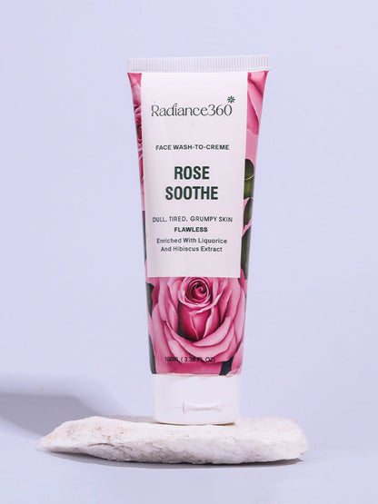 Tube of Radiance360 Rose Soothe Face Wash-To-Creme on a light purple background
