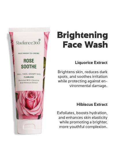 Radiance360 Rose Soothe Face Wash tube with text on a white background