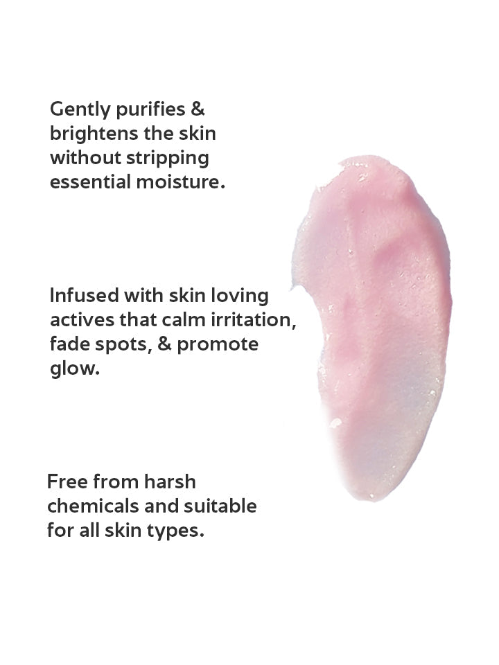 Product smear with text about skin benefits on a white background