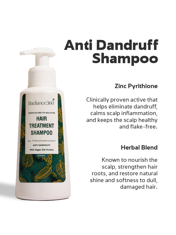 Anti dandruff shampoo bottle with text on a white background