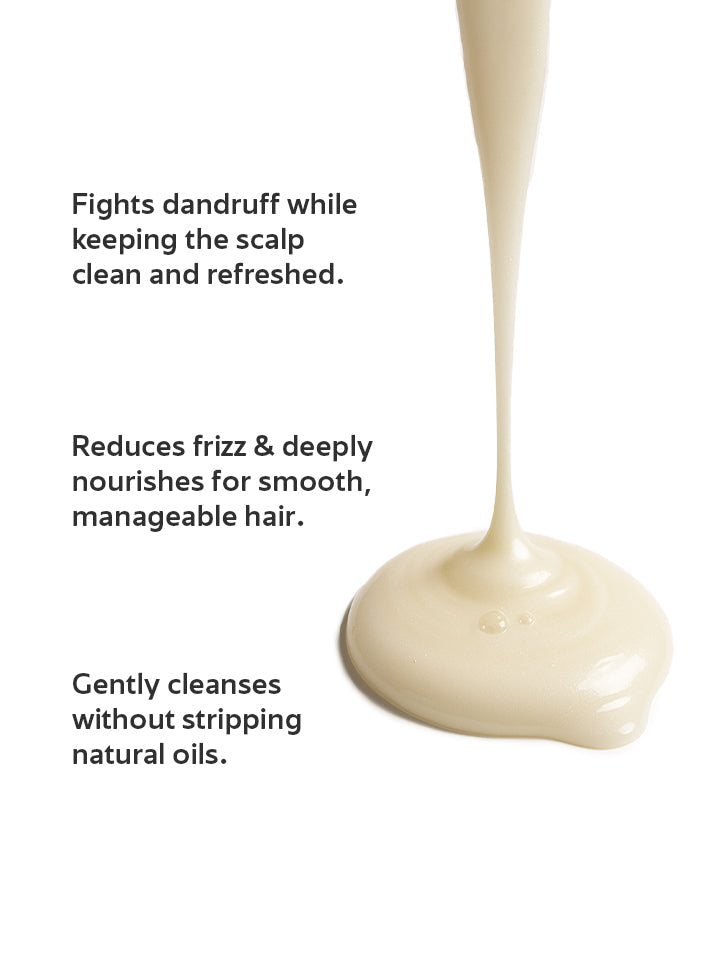White cream being poured with text about its benefits on a white background