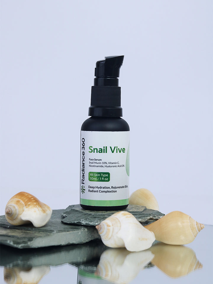 Skincare serum bottle labeled 'Snail Vive' on a reflective surface with shells.