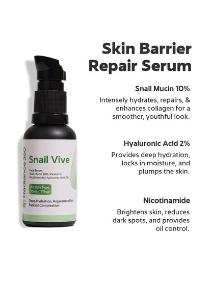 Snail Vive skin barrier repair serum with product details on a white background