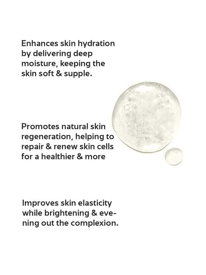 Text describing skincare benefits with a close-up of a skincare product on a white background