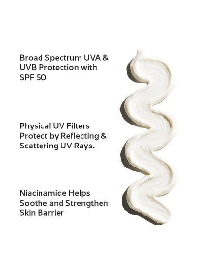 Cosmetic cream with text about UVA/UVB protection, SPF 50, physical UV filters, and niacinamide benefits on a white background.