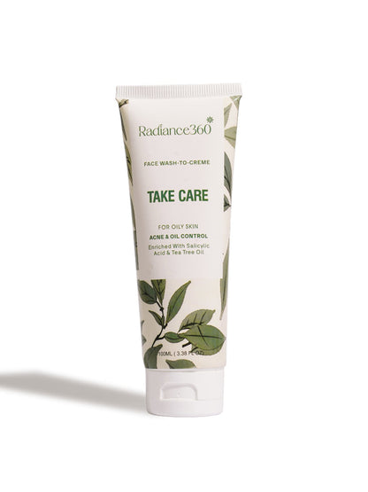 Tube of Radiance360 face wash cream on a white background