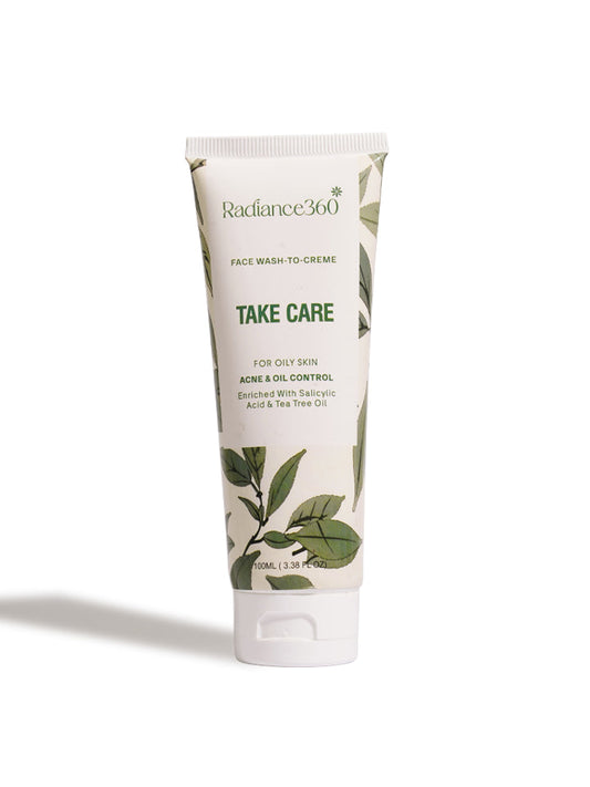 Tube of Radiance360 face wash cream on a white background