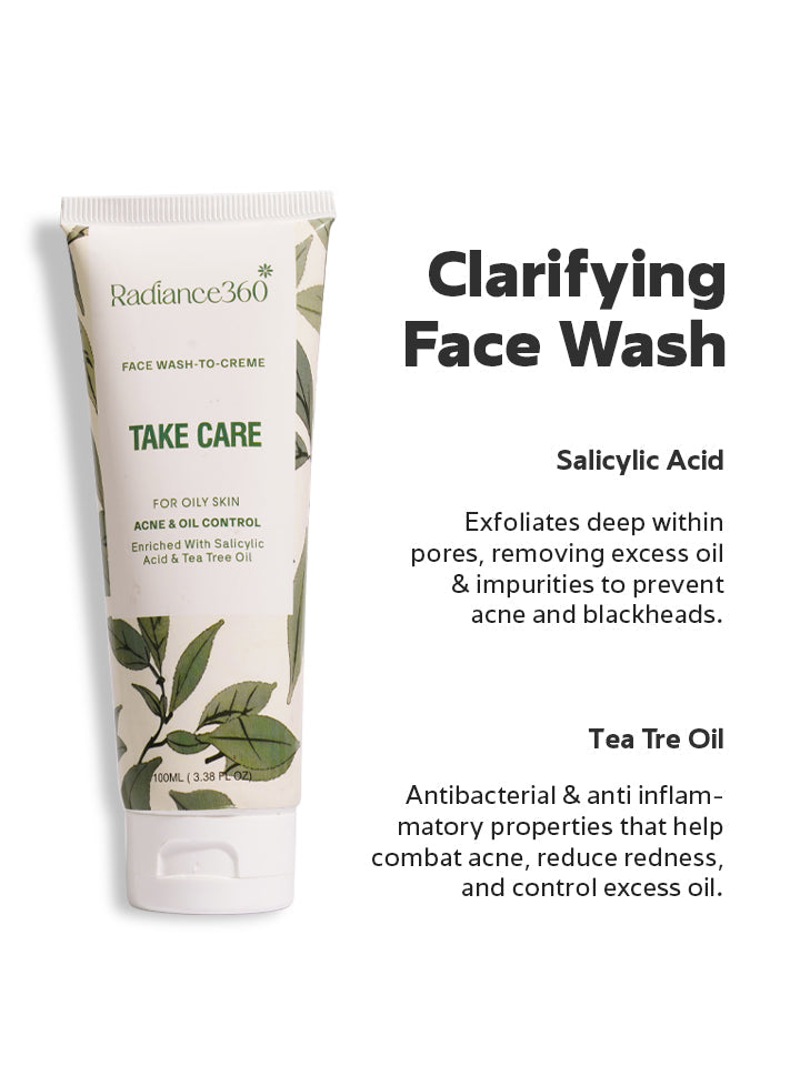 Radiance360 Take Care Clarifying Face Wash tube with product details on a white background