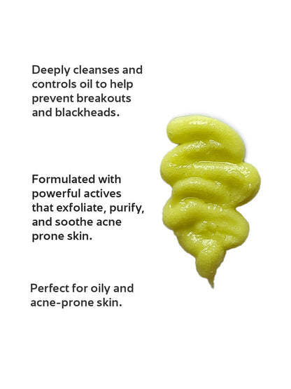 Green skincare product with text about its benefits on a white background