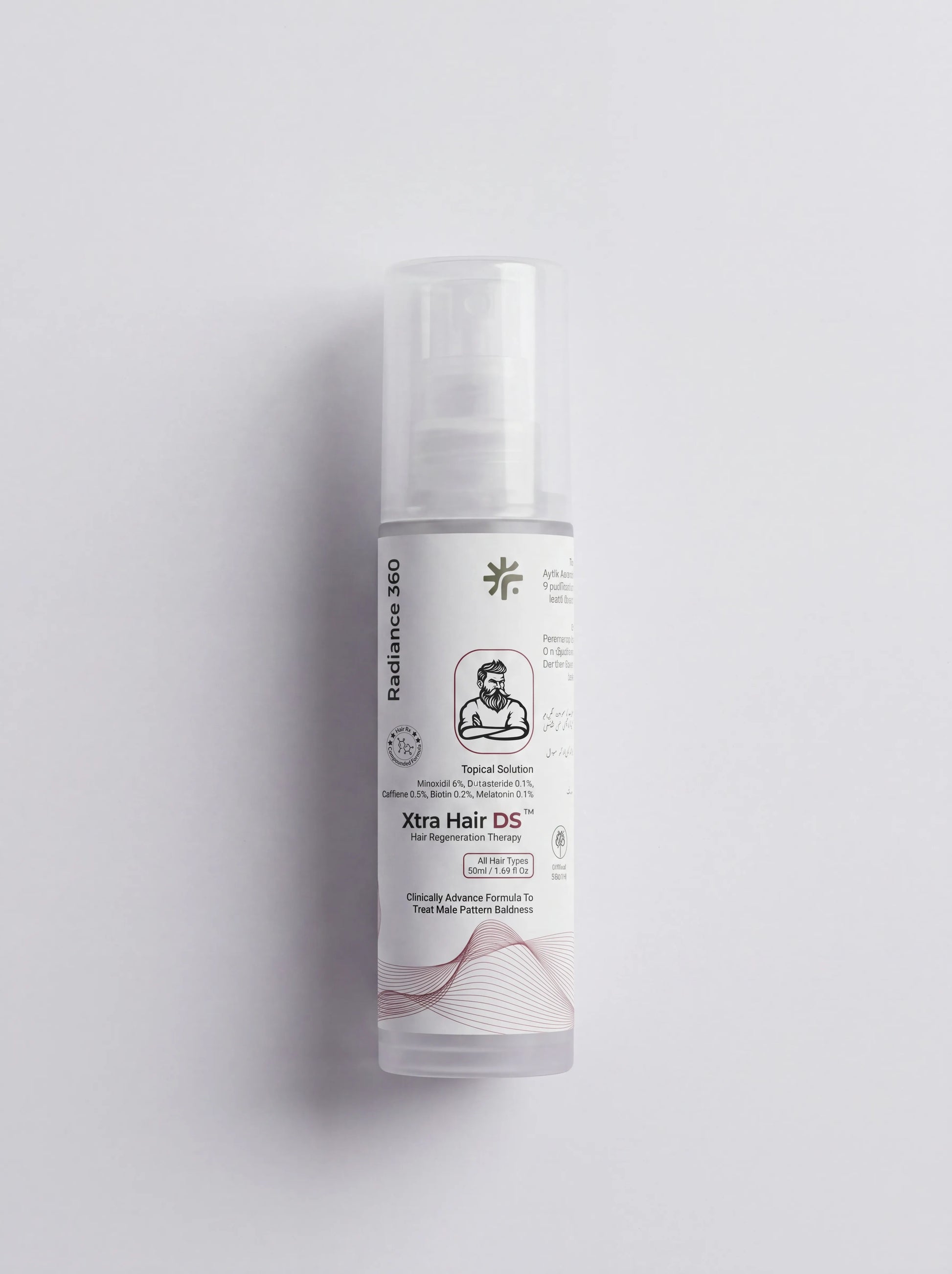 Skincare bottle labeled 'Xtra Hair DS' on a light gray background