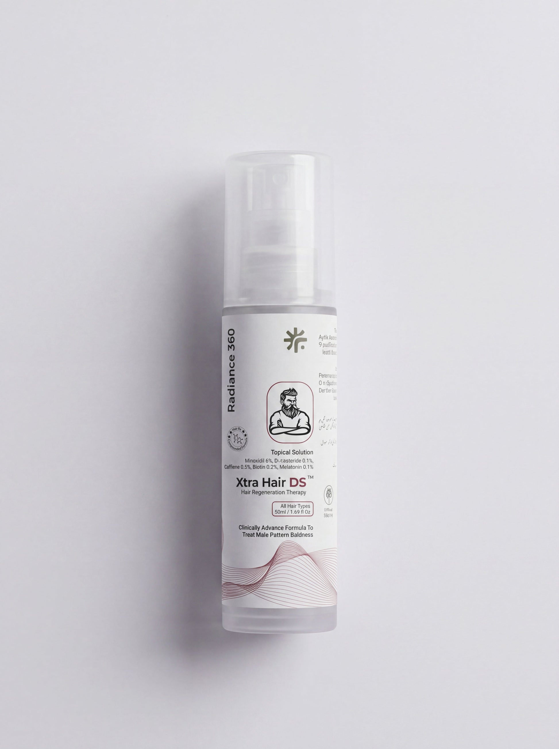Skincare bottle labeled 'Xtra Hair DS' on a light gray background