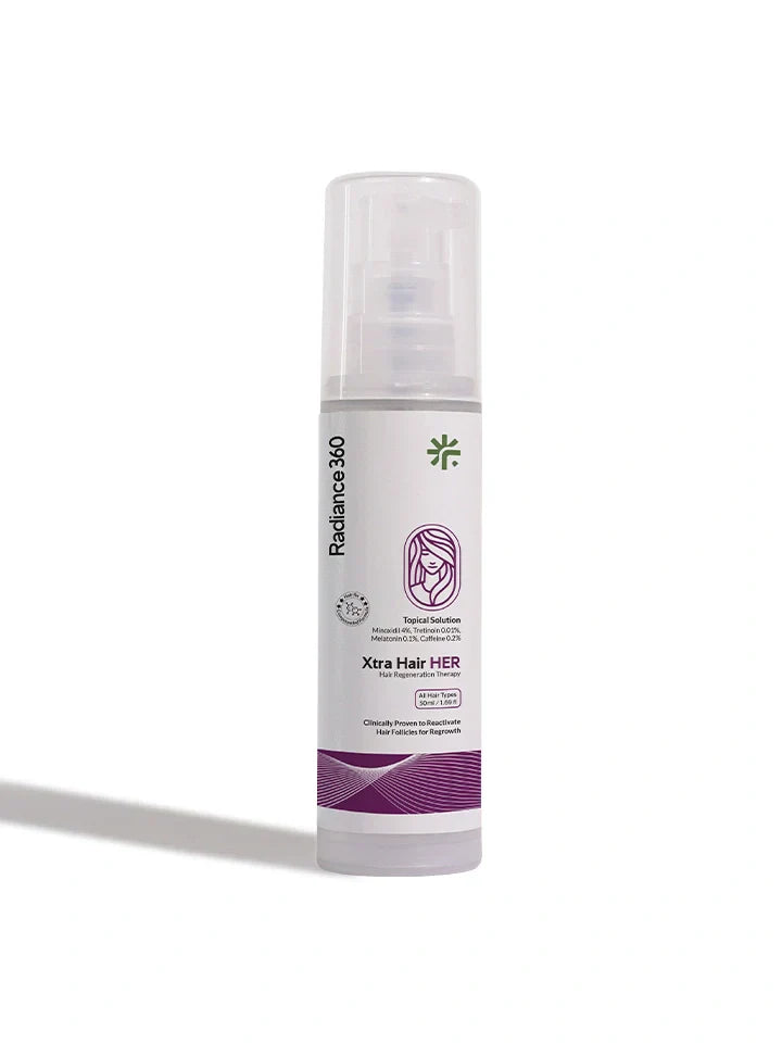 Skincare bottle labeled 'Radiance 360' on a white background