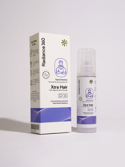 Radiance 360 Xtra Hair product packaging on a light gray background