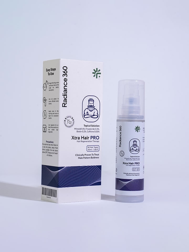Radiance 360 Xtra Hair PRO product packaging and bottle on a light gray background