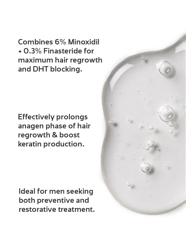 Product with text about Minoxidil and Finasteride for hair regrowth on a white background