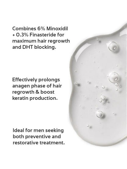 Product with text about Minoxidil and Finasteride for hair regrowth on a white background